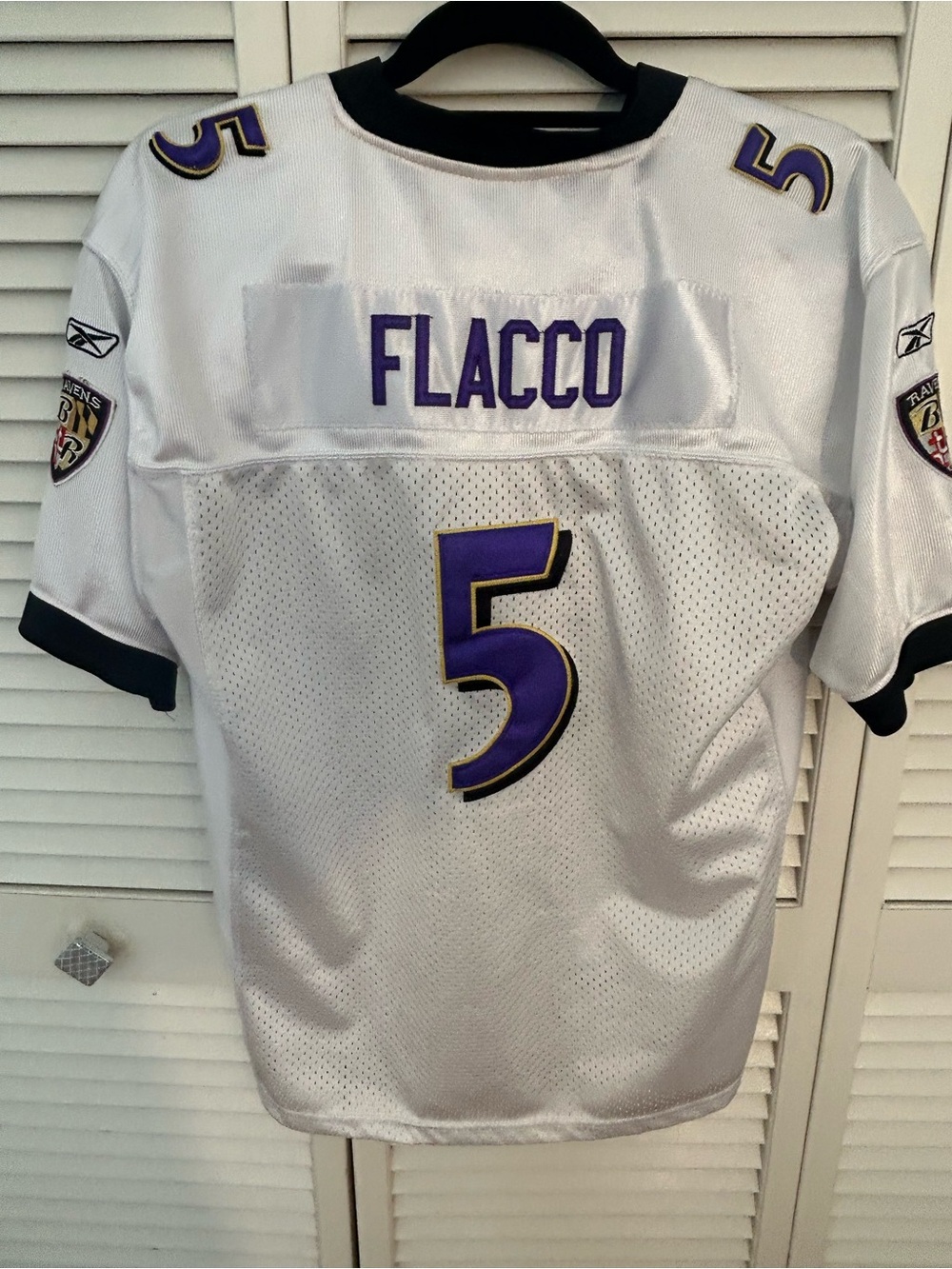NFL Youth Joe Flacco White Ravens Football Jersey with Purple and Gold Trim
